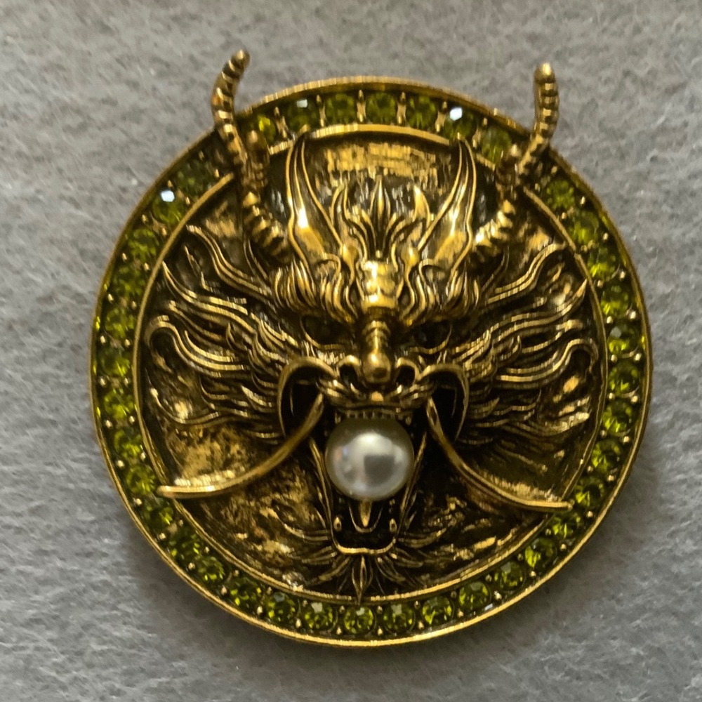 Gold Tone Dragon Brooch Green Rhinestone Faux Pearl Mythical Statement Pin